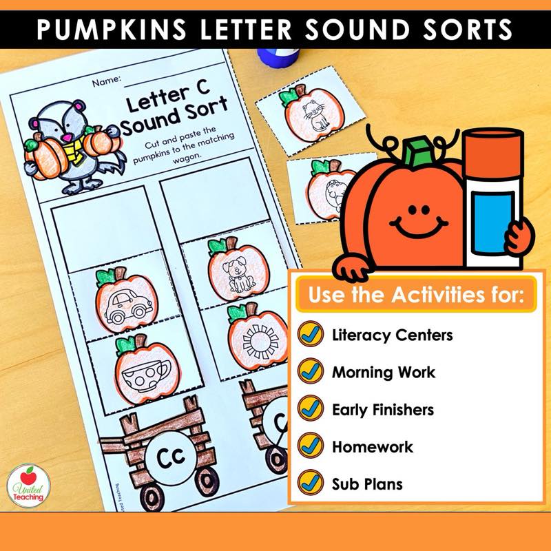 Pumpkins Letter Sound Sorts letter C worksheet with classroom uses including literacy centers and morning work