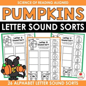Pumpkins Letter Sound Sorts cover showing 26 alphabet letter sound sort worksheets with a skunk holding pumpkins