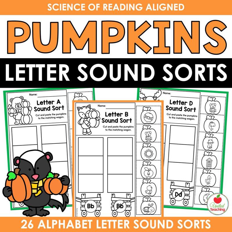 Pumpkins Letter Sound Sorts cover showing 26 alphabet letter sound sort worksheets with a skunk holding pumpkins