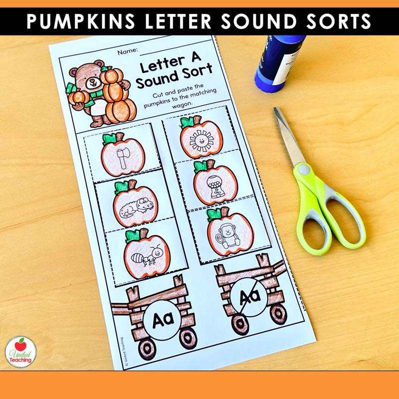 Pumpkins Letter Sound Sorts letter A worksheet with pictures sorted into the Aa wagon and the not Aa wagon