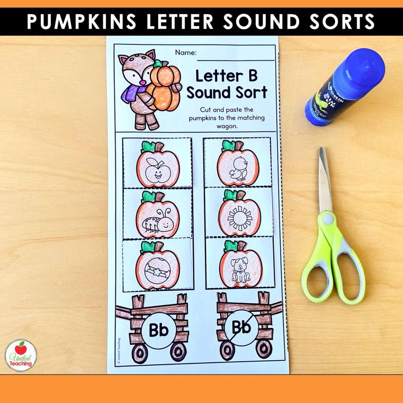 Pumpkins Letter Sound Sorts letter B worksheet with pictures sorted by whether they begin with the b sound
