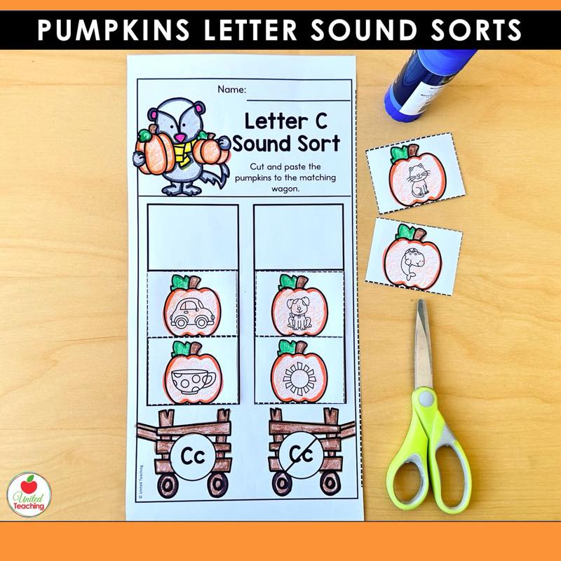 Pumpkins Letter Sound Sorts letter C worksheet with cut out picture cards being sorted by beginning sound