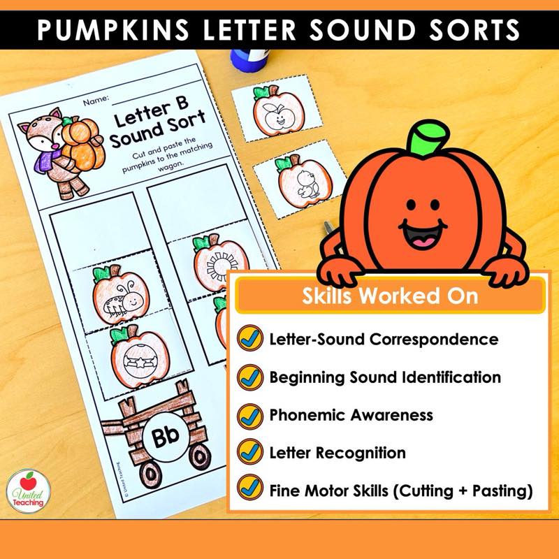 Pumpkins Letter Sound Sorts letter B worksheet with the skills worked on including letter sound correspondence