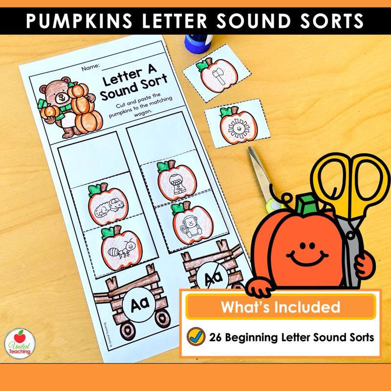 Pumpkins Letter Sound Sorts letter A worksheet with a list of what is included in the 26 sort packet