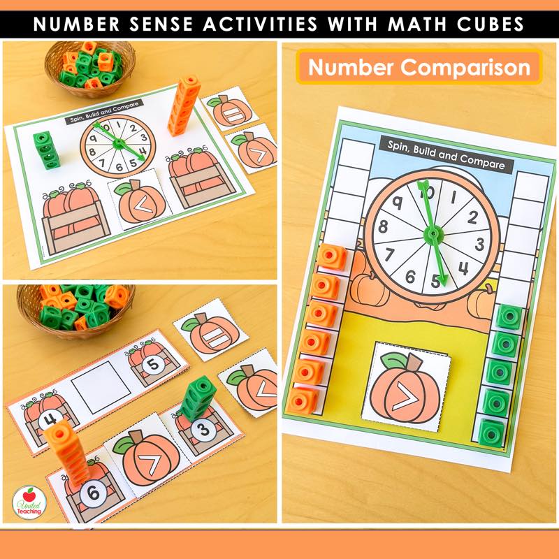 Pumpkin number comparison cards and Spin, Build and Compare mat with math cubes