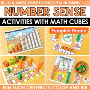 Pumpkin Number Sense Activities with Math Cubes cover with pumpkin mats and orange and green cubes