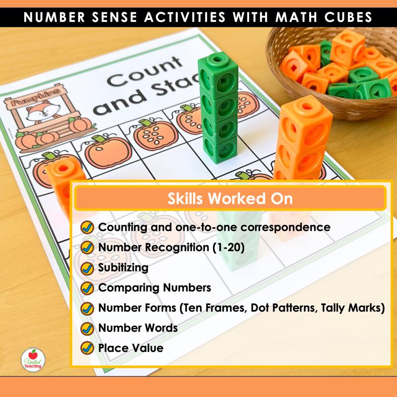 Skills worked on with Pumpkin Number Sense Activities: counting, number recognition, and place value