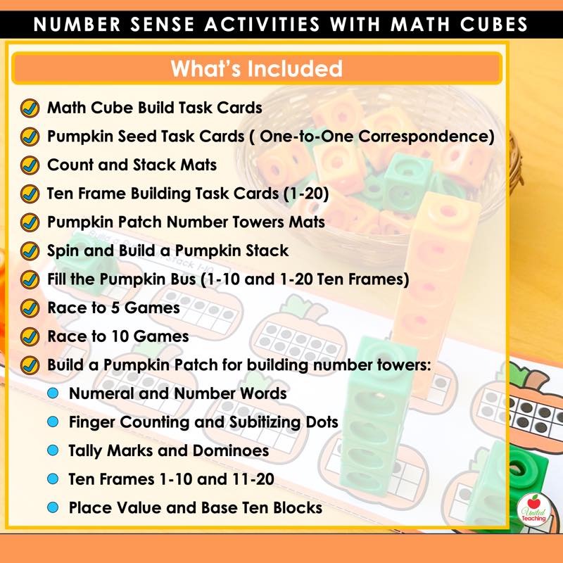 What's included list for Pumpkin Number Sense Activities: task cards, mats, and partner games