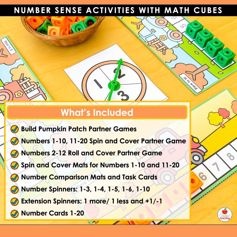Second included list for Pumpkin Number Sense Activities: spinners, comparison mats, and number cards