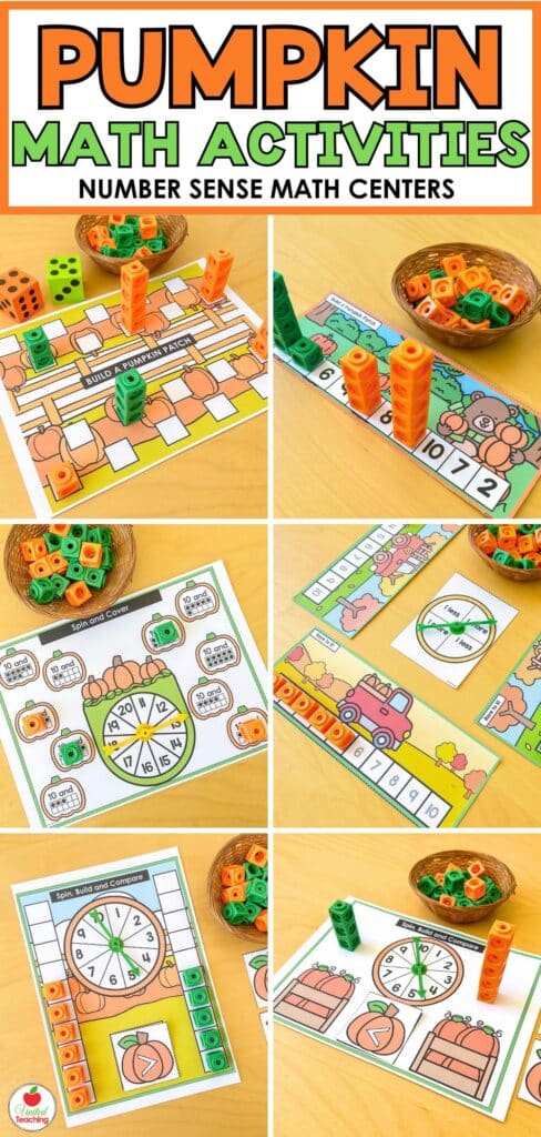 Pumpkin math activities for kindergarten number sense math centers with math cube towers, spinners, and pumpkin mats