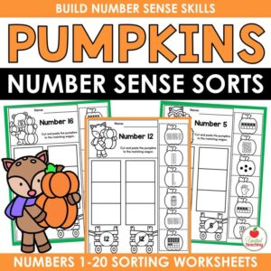 Pumpkins Number Sense Sorts cover showing numbers 1 to 20 sorting worksheets with a fox holding a pumpkin
