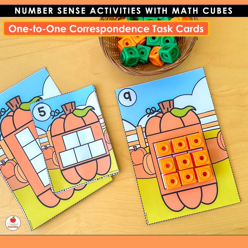 Pumpkin patch one-to-one correspondence task cards with math cubes filling pumpkin seed spaces
