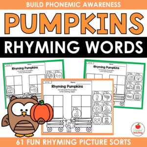 Pumpkins Rhyming Words cover showing cut and paste rhyming picture sorting worksheets with an owl holding a pumpkin