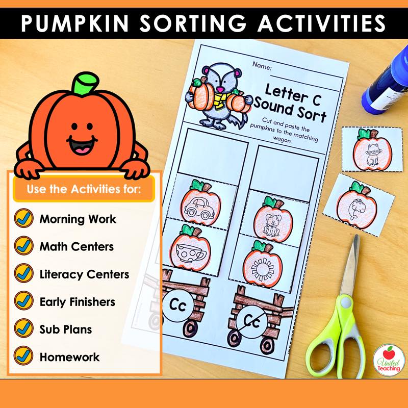 Pumpkin letter sound sorting worksheet with a list of classroom uses for the activities