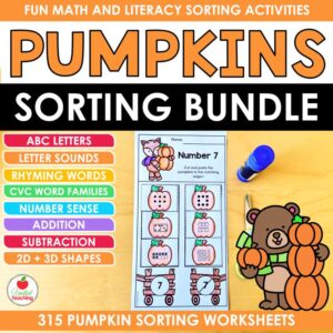Pumpkins Sorting Bundle cover listing the math and literacy sorting sets included, with a bear holding pumpkins