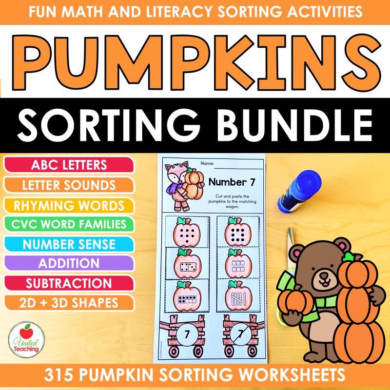 Pumpkins Sorting Bundle cover listing the math and literacy sorting sets included, with a bear holding pumpkins