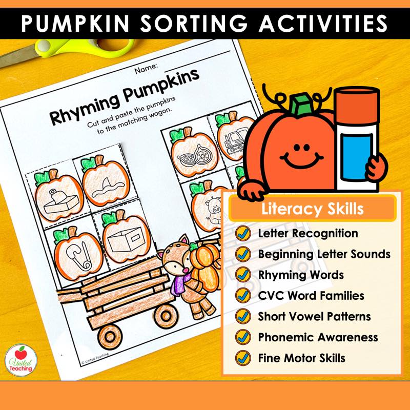 Rhyming Pumpkins worksheet with a list of the literacy skills covered across the bundle