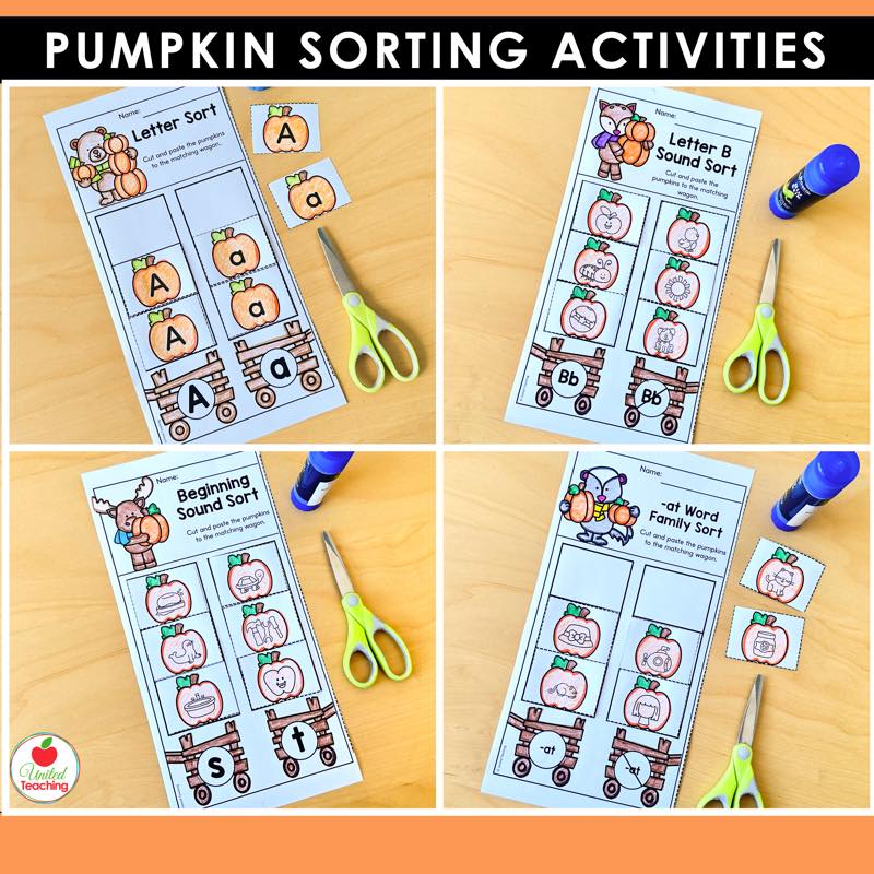 Four pumpkin literacy sorting worksheets showing letter, letter sound, beginning sound and word family sorts