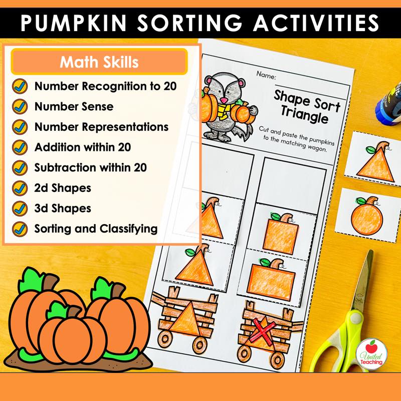 Pumpkin triangle shape sorting worksheet with a list of the math skills covered across the bundle