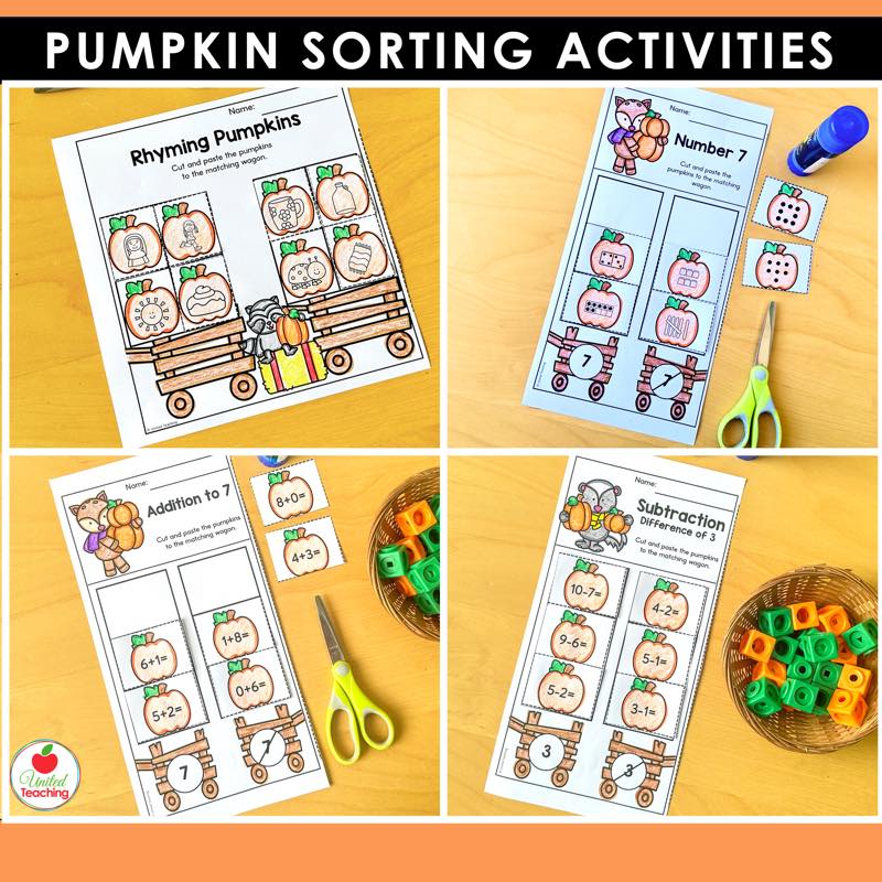 Four pumpkin sorting worksheets showing rhyming, number sense, addition and subtraction sorts