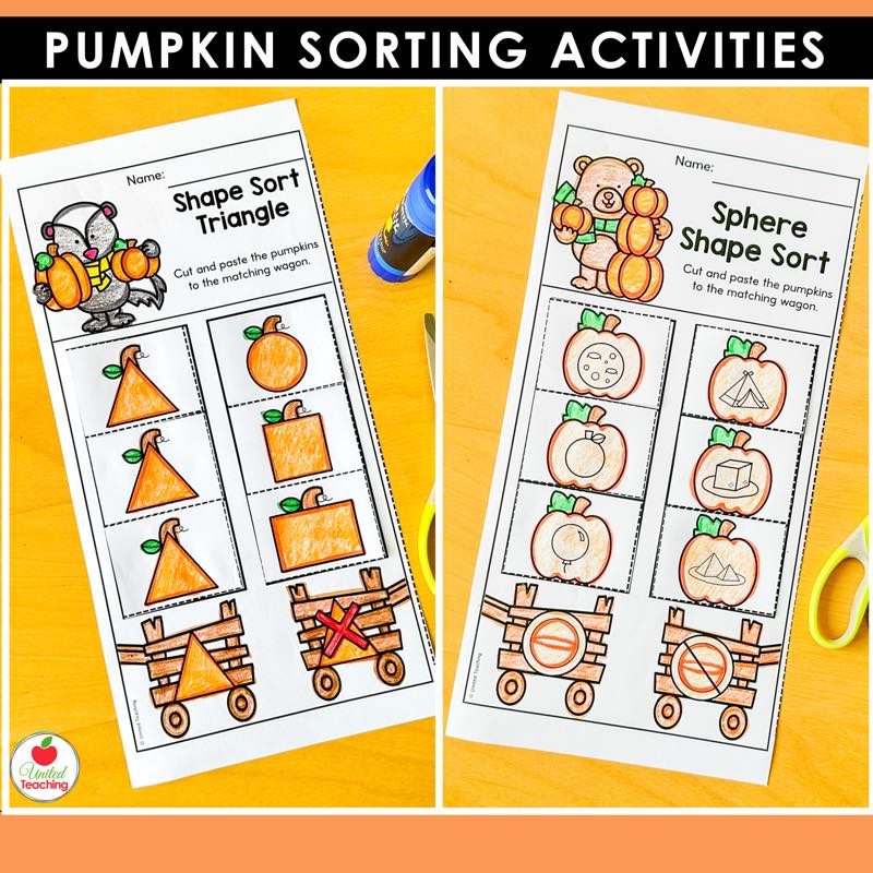 Two pumpkin shape sorting worksheets showing a 2D triangle sort and a 3D sphere sort