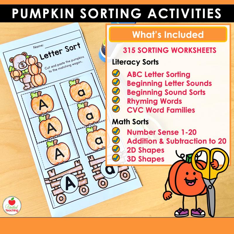 Pumpkin letter sorting worksheet with a list of the literacy and math sorting sets included in the bundle