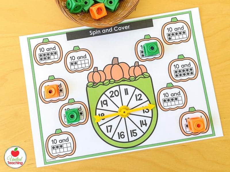 Pumpkin Spin and Cover mat for 11 to 20 with 10 and more ten frame pumpkins and math cubes