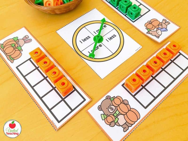 Pumpkin ten frame strips with a 1 more 1 less spinner and orange and green math cubes