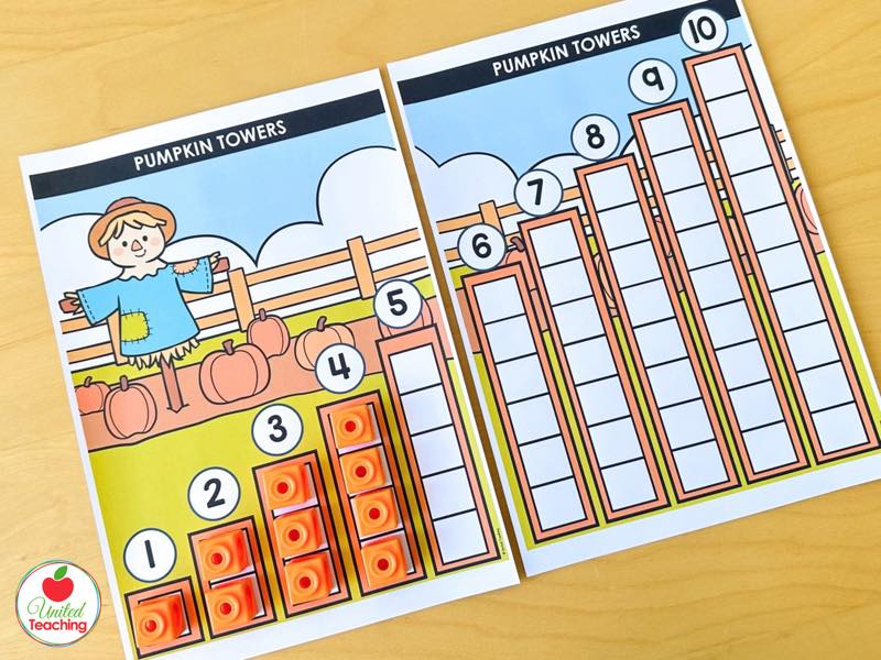 Pumpkin Towers mats for numbers 1 to 5 and 6 to 10 with orange math cubes filling the towers