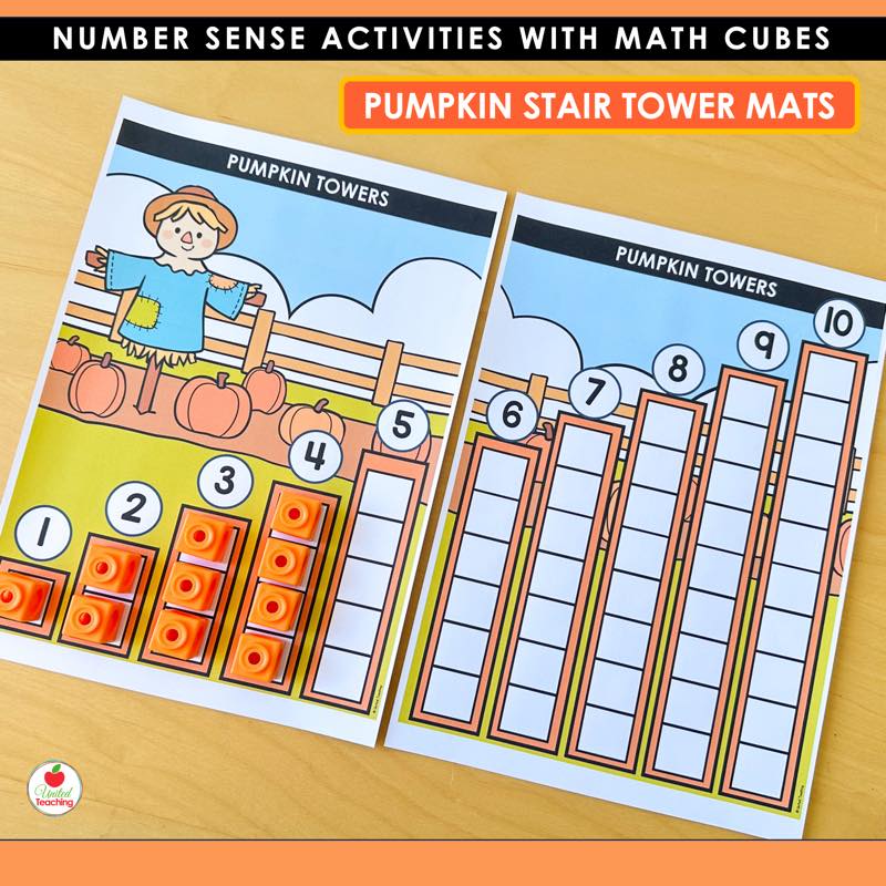 Pumpkin Towers stair-step counting mats numbered 1 to 10 with math cube towers built to match