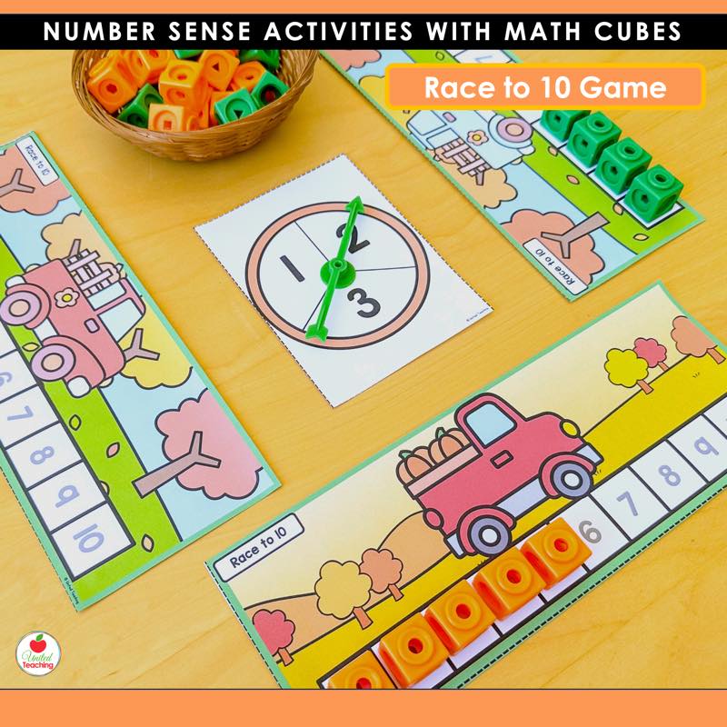 Race to 10 number line game with a pumpkin truck mat and orange math cubes