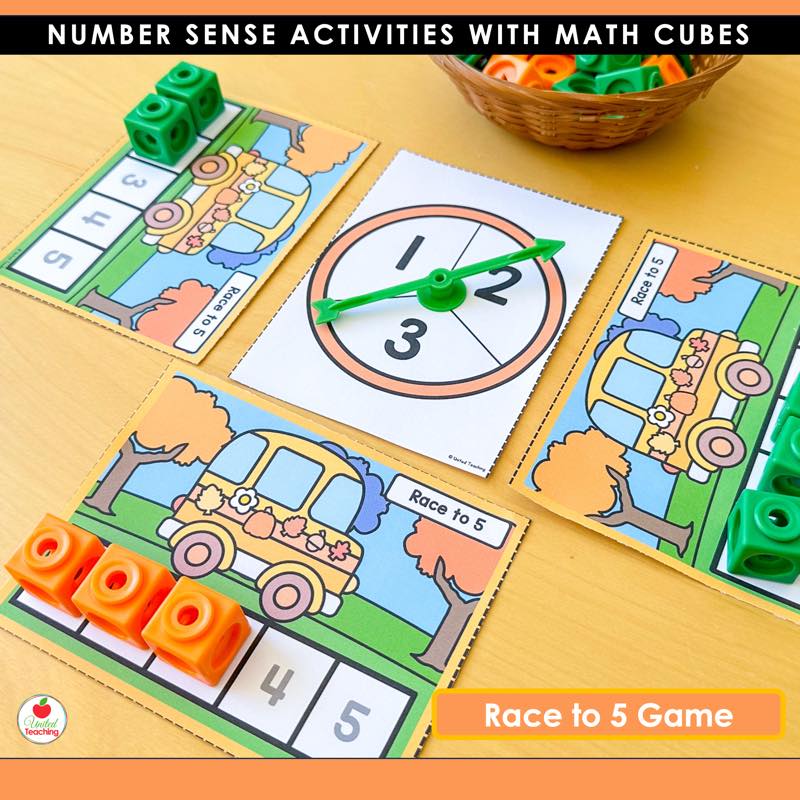 Race to 5 number line game with math cubes, a number spinner, and bus-themed mats