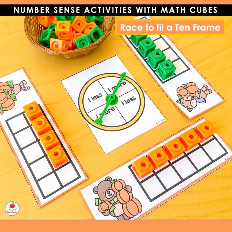 Race to fill a ten frame mats with math cubes and a 1 more 1 less extension spinner