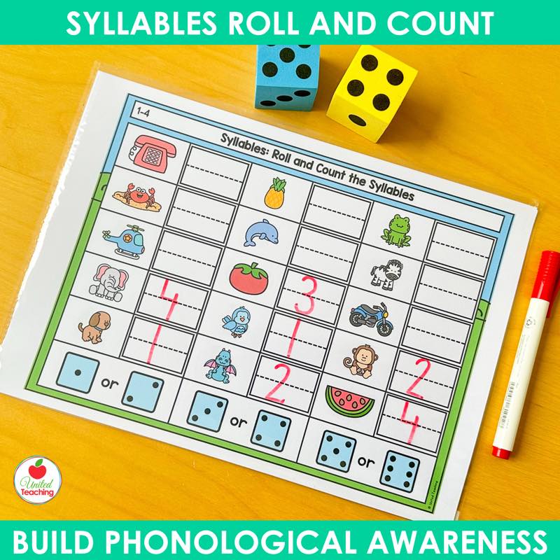 Roll and Count syllables mat for 1 to 4 syllable words with helicopter, elephant, and watermelon pictures