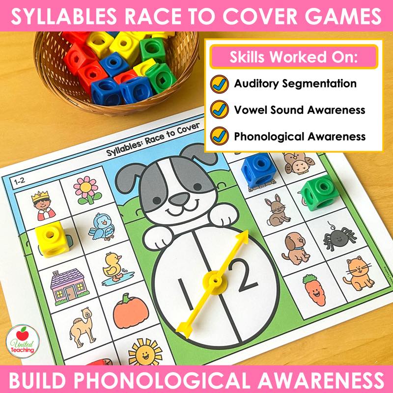 Skills worked on with syllable counting games: auditory segmentation and vowel sound awareness
