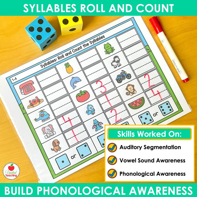 Skills worked on with syllable Roll and Count mats: auditory segmentation and vowel sound awareness