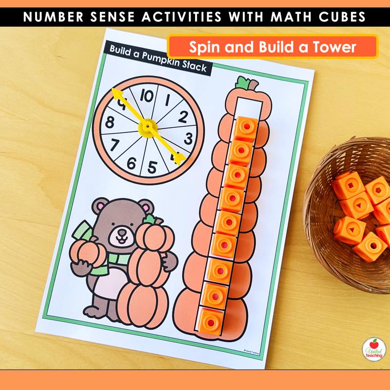 Build a Pumpkin Stack mat with a number spinner and a math cube tower beside a pumpkin graphic