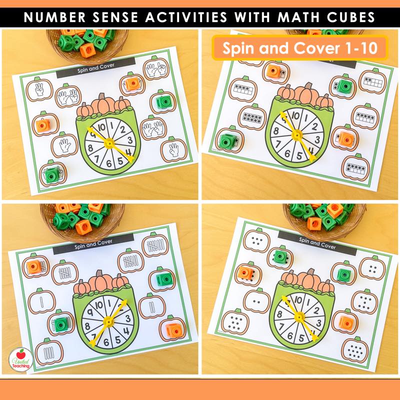 Spin and Cover 1-10 pumpkin mat with a spinner and math cubes covering number representations
