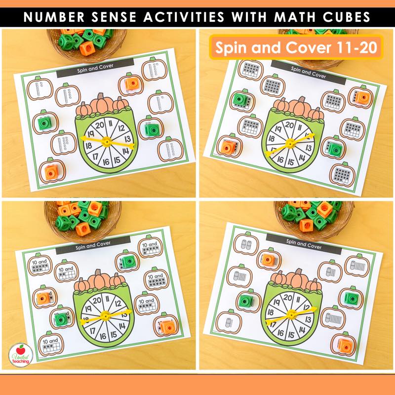 Spin and Cover 11-20 pumpkin mat with a spinner and math cubes covering number representations