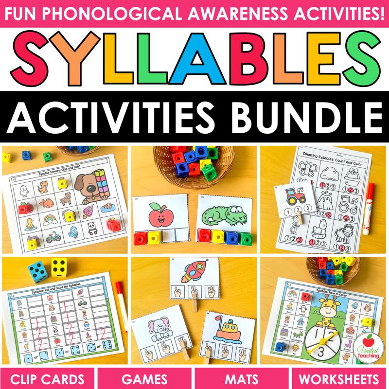 Syllable activities bundle for kindergarten: clip cards, games, mats, and worksheets for counting syllables