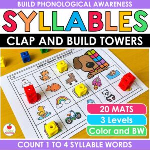 Syllable activities for kindergarten: Clap and Build syllable counting mat with snap cubes on picture squares