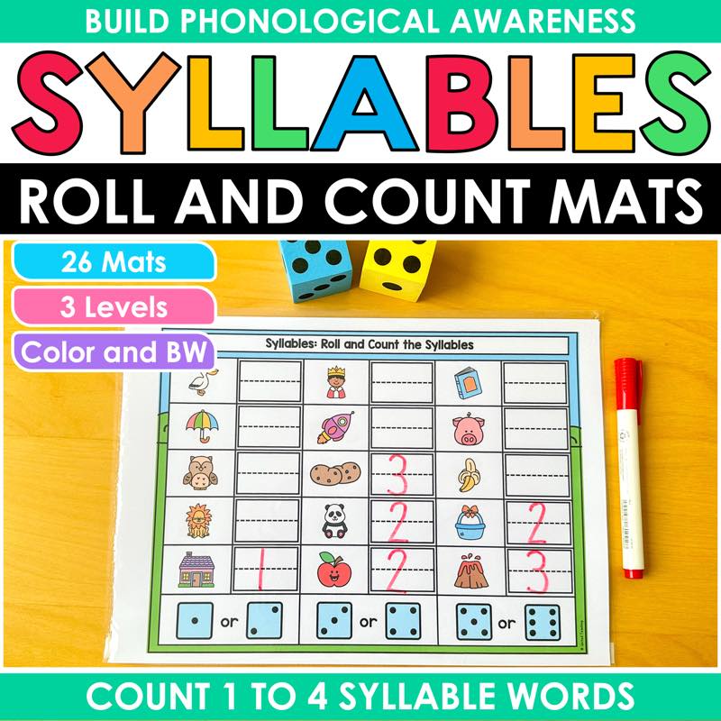 Syllable counting activities: Roll and Count mat with picture words, writing boxes, and foam dice
