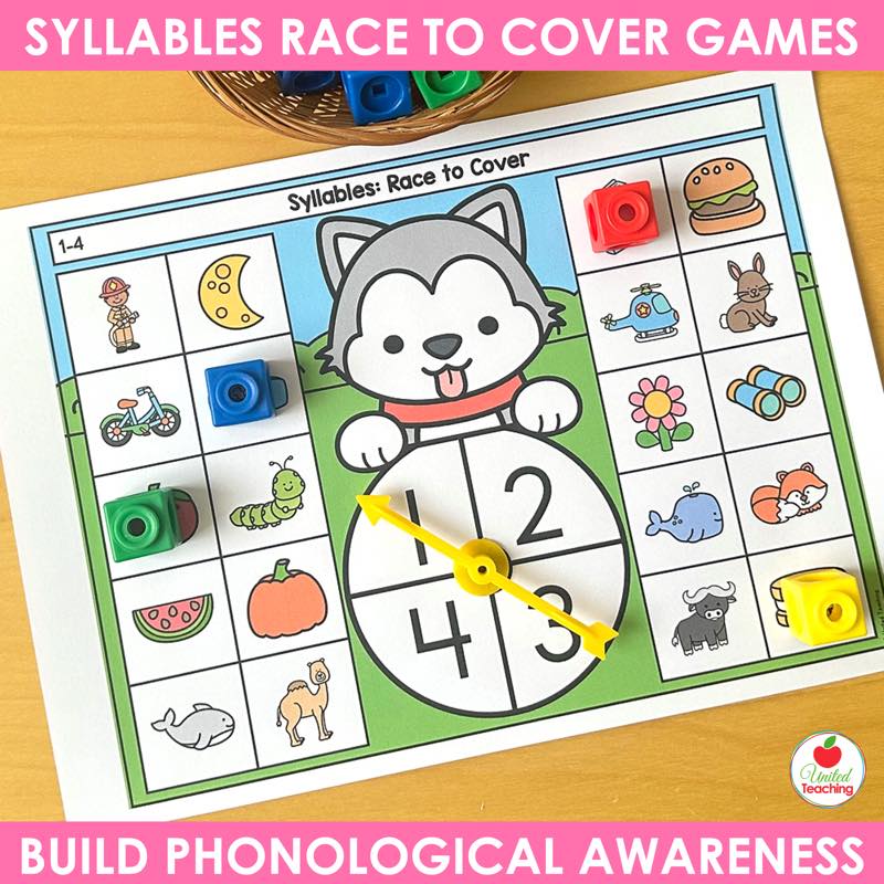 Syllable counting game with a four section spinner and picture squares covered by snap cubes