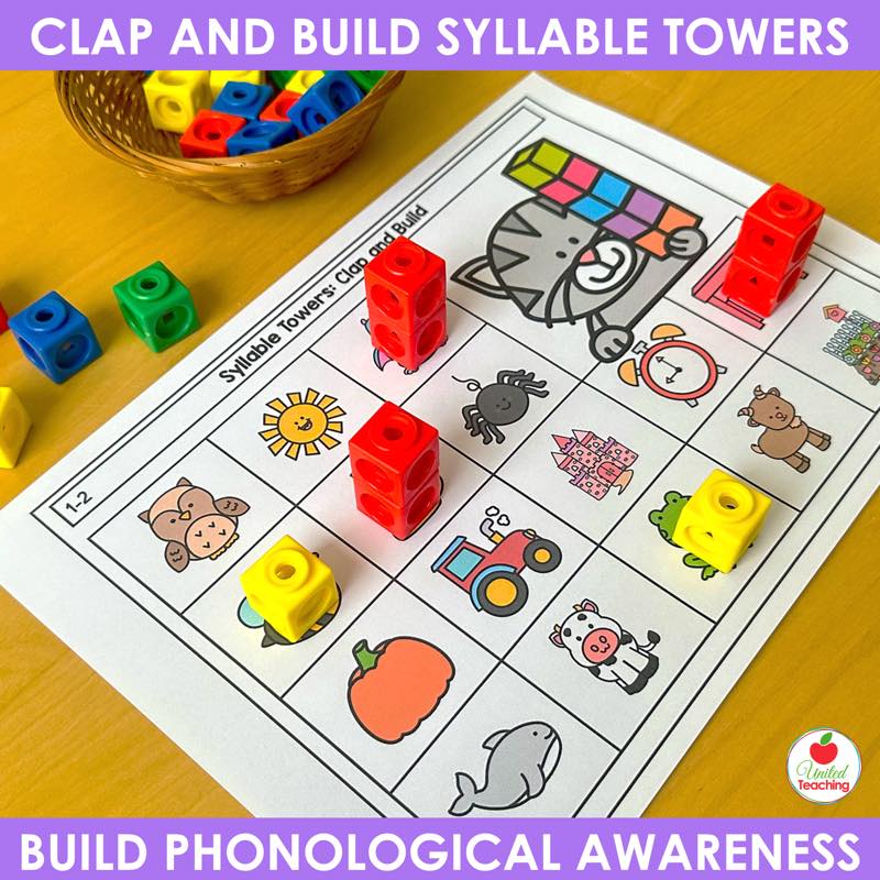 Picture only syllable counting mat with red and yellow snap cube towers on sun, spider, and clock