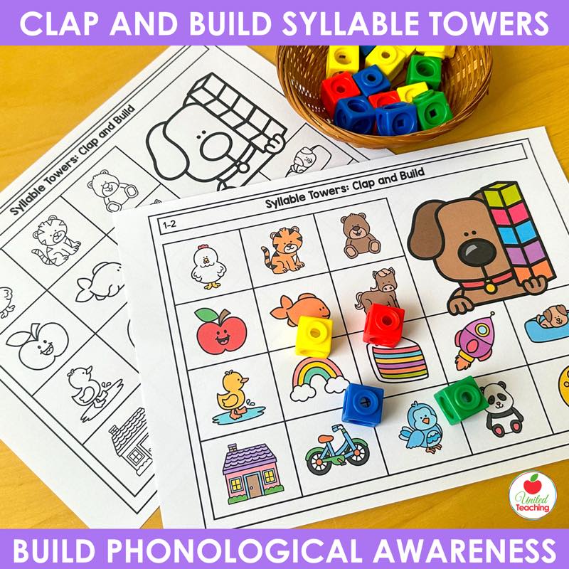 Color and black and white syllable counting mats with snap cubes for kindergarten phonological awareness