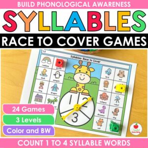 Syllable games for kindergarten: Race to Cover spin and cover game with picture words and snap cubes