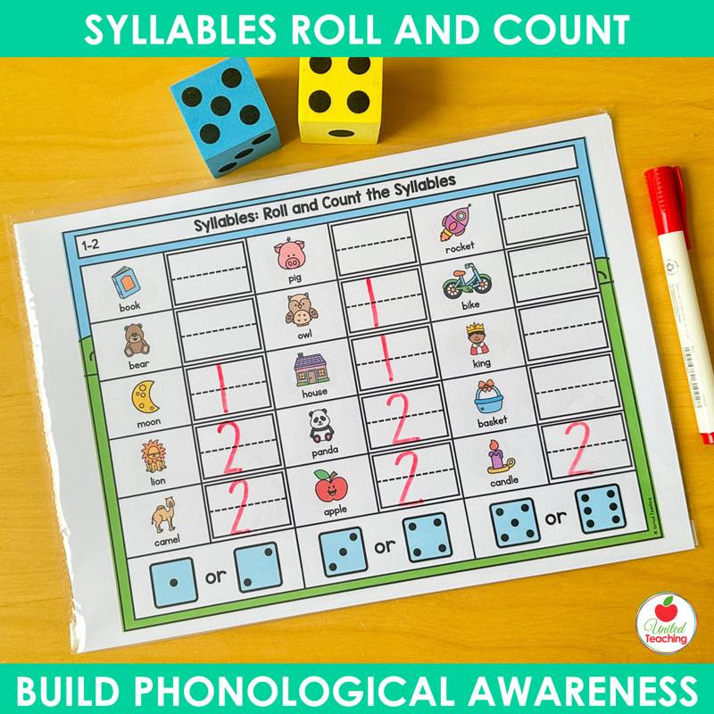 Picture and word syllable mat with syllable counts written in the boxes beside book, pig, and lion