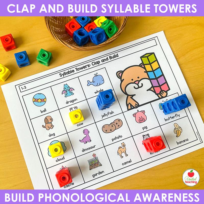 Picture and word syllable mat with snap cubes on dog, cow, and butterfly for kindergarten