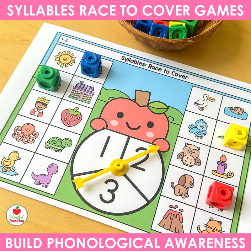 Syllable spinner game for 1 to 3 syllables with two player boards of picture words and snap cubes