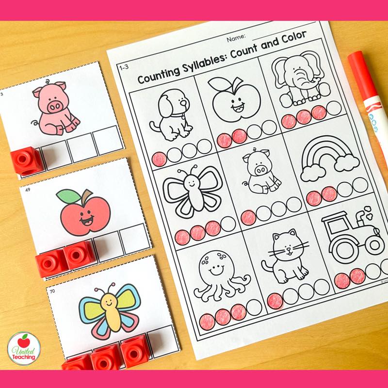 Counting Syllables count and color worksheet with syllable counting cards and snap cubes